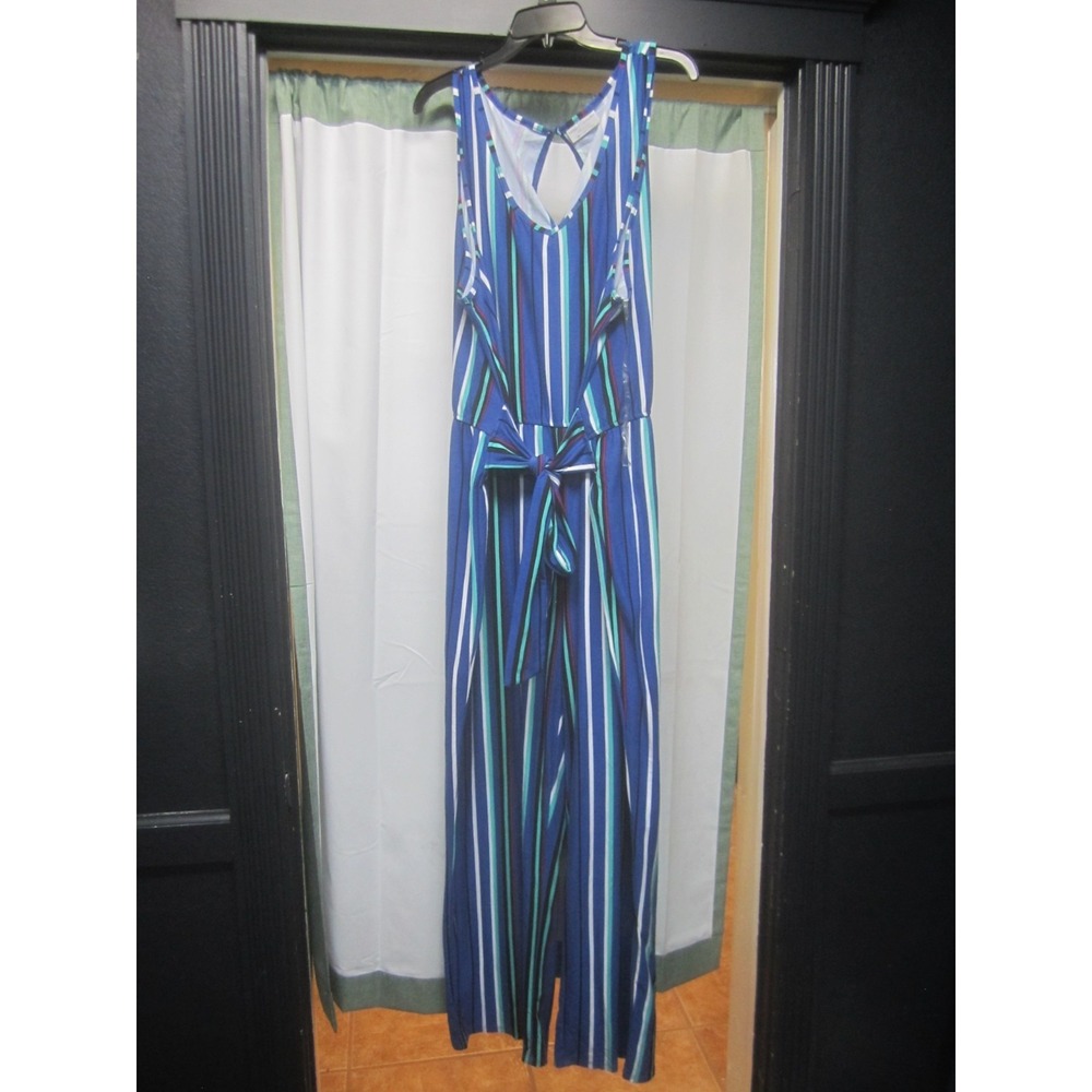 Bobbie Brooks Womens 2XL Plus Size Blue Green Romper Tie Front Striped‎